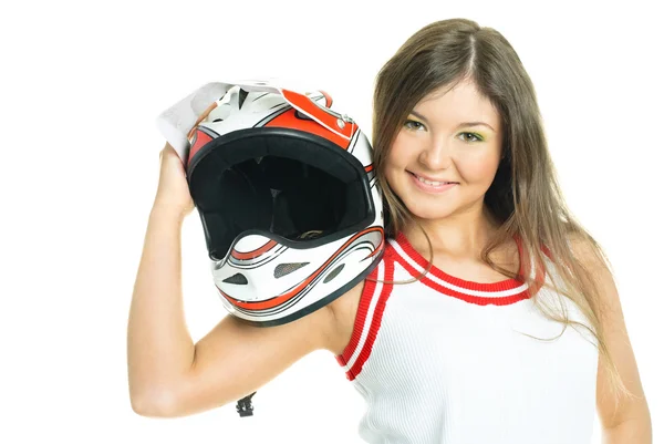 Mulher segurando um capacete de motocicleta — Fotografia de Stock