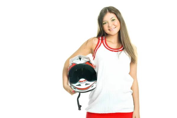 Mujer sosteniendo un casco de moto — Foto de Stock