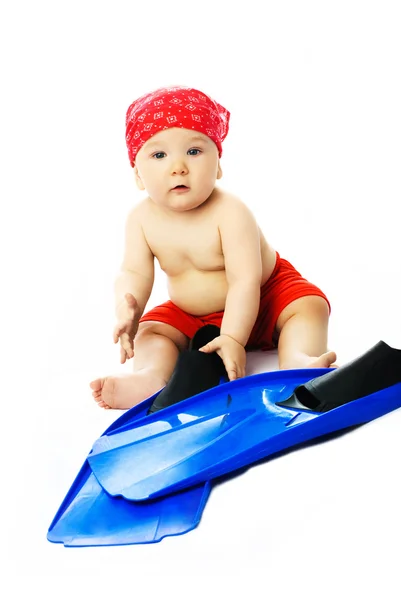 Cute baby with blue flippers — Stock Photo, Image