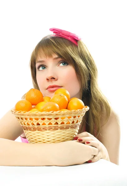 Dívka s mandarinkami — Stock fotografie
