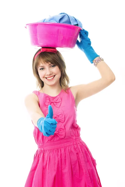 Hausfrau mit Waschbecken — Stockfoto