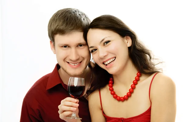 Happy couple drinking vine — Stock Photo, Image