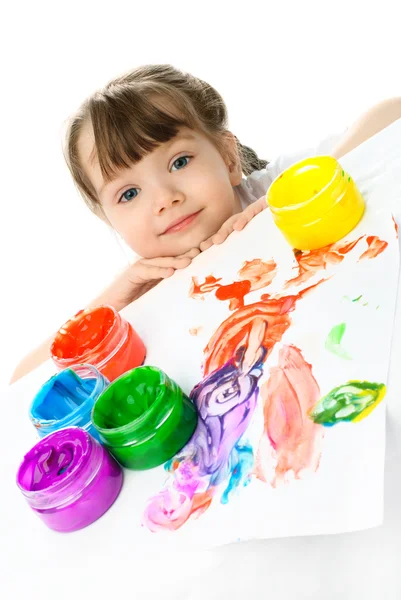 Little girl painting with finger paints — Stock Photo, Image