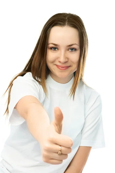 Jonge vrouw met haar duim omhoog — Stockfoto