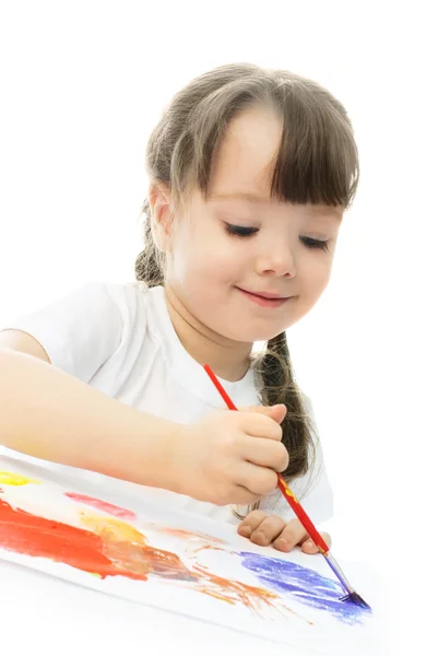 Girl painting with finger watercolor — Stock Photo, Image