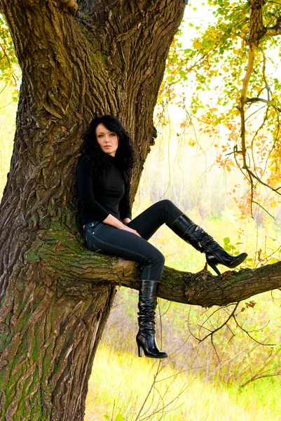 Ragazza seduta sull'albero — Foto Stock