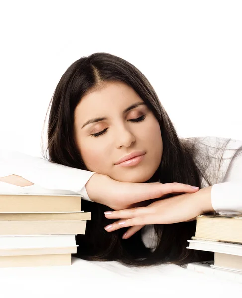 Krásný veselý student生徒が本に眠っています。 — ストック写真