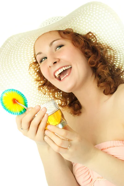 Szczęśliwa młoda kobieta na wakacje z tropikalnych kogut — Zdjęcie stockowe