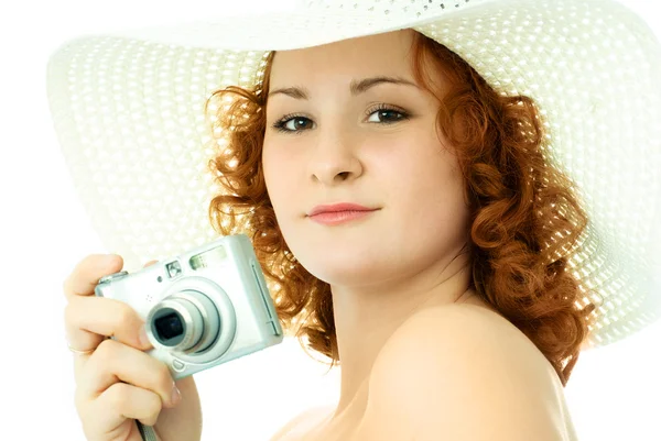 Vacker kvinna med en kamera — Stockfoto