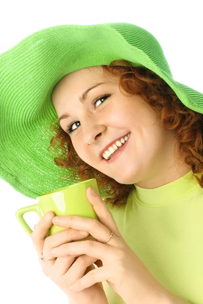 Bir bardak çay ile mutlu kız — Stok fotoğraf
