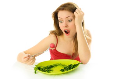 Unhappy woman keeping a diet clipart