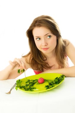 Unhappy woman keeping a diet clipart