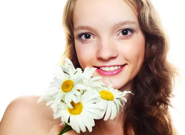 Girl with many camomiles — Stock Photo, Image