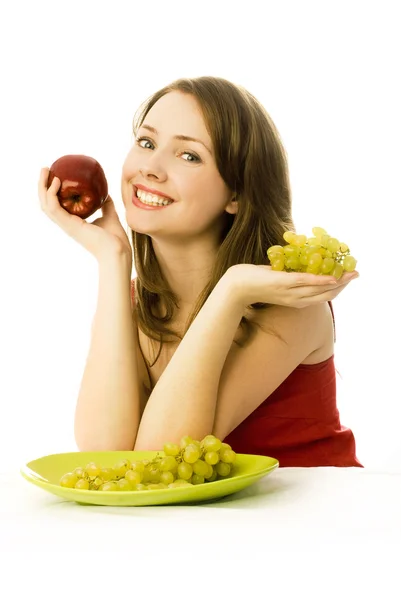 Девушка с виноградом и яблоком — стоковое фото