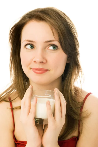 우유 한 잔을 들고 있는 소녀 — 스톡 사진
