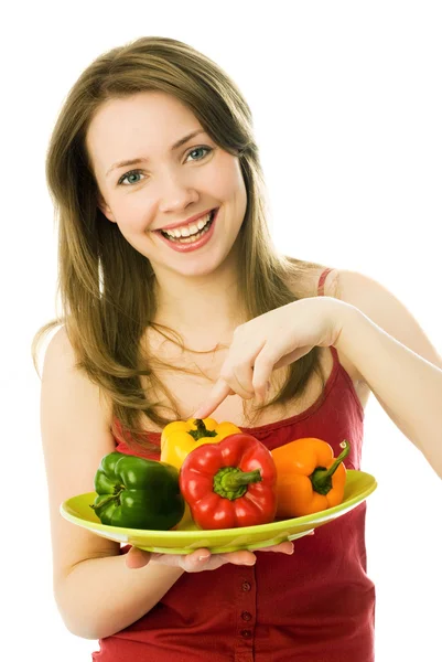 Ευτυχισμένη γυναίκα με πιπεριές — Φωτογραφία Αρχείου