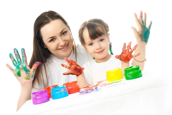 Μητέρα και κόρη ζωγραφική με το δάχτυλό χρώματα — Φωτογραφία Αρχείου