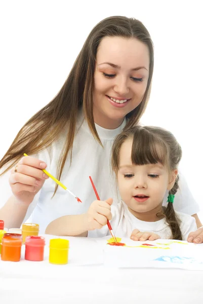 Mother and daughter painting with watercolor — Stock Photo, Image