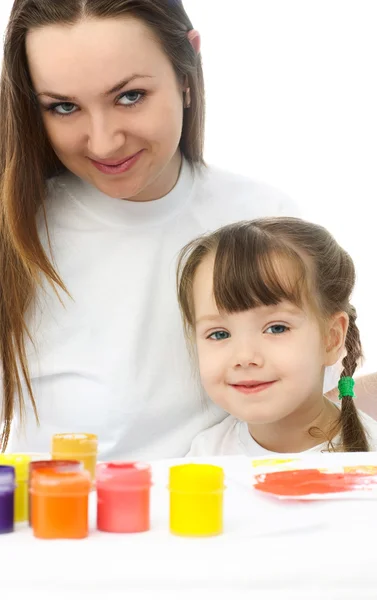 Mãe e filha pintura com aquarela — Fotografia de Stock