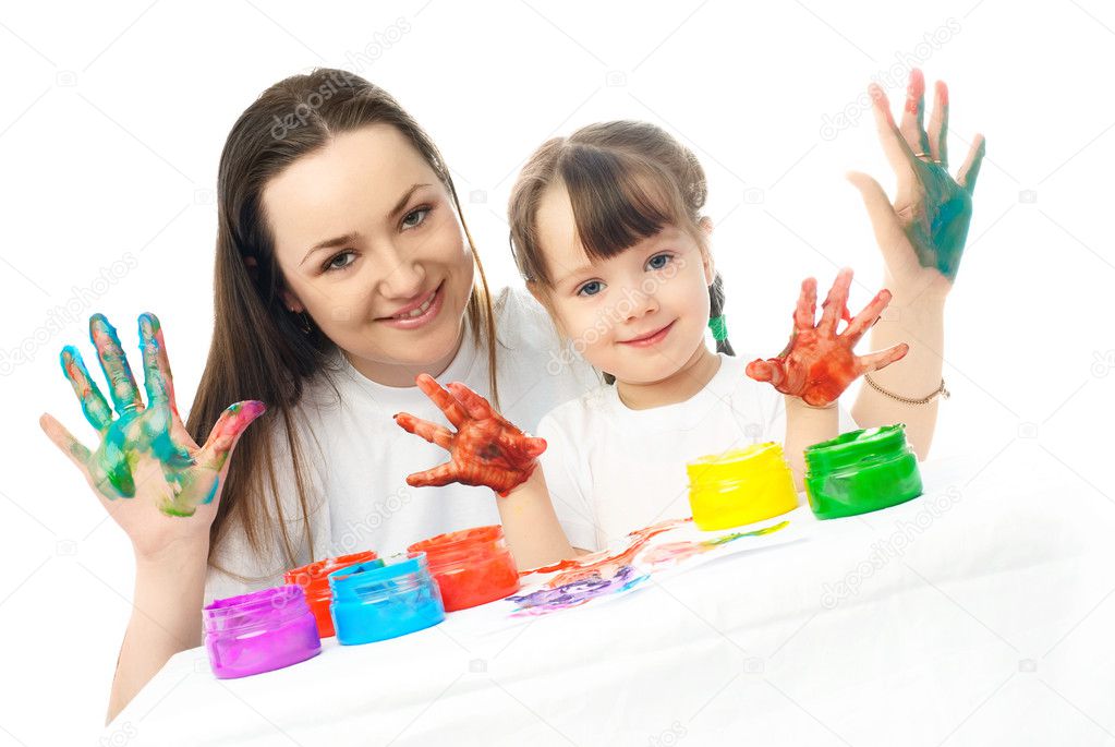 Mother and daughter painting with finger paints