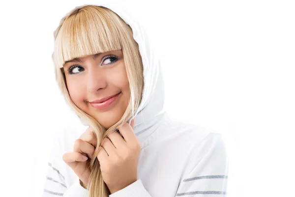 Beautiful girl wearing a warm jacket with a hood — Stock Photo, Image