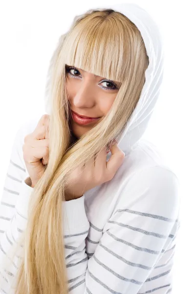 Beautiful girl wearing a jacket with a hood — Stock Photo, Image