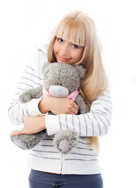 Draguta blonda fata cu o Teddy urs — Fotografie, imagine de stoc