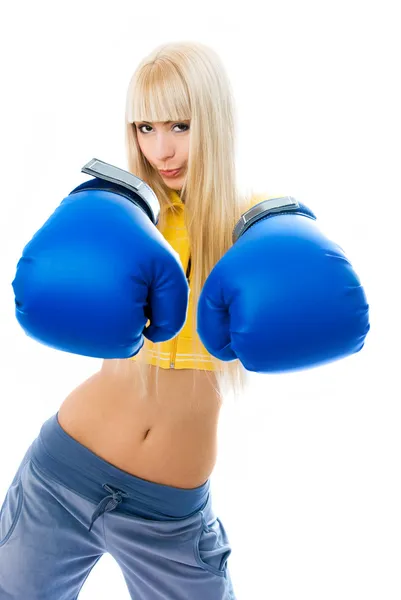 Sexy blond woman wearing boxing gloves — Stock Photo, Image