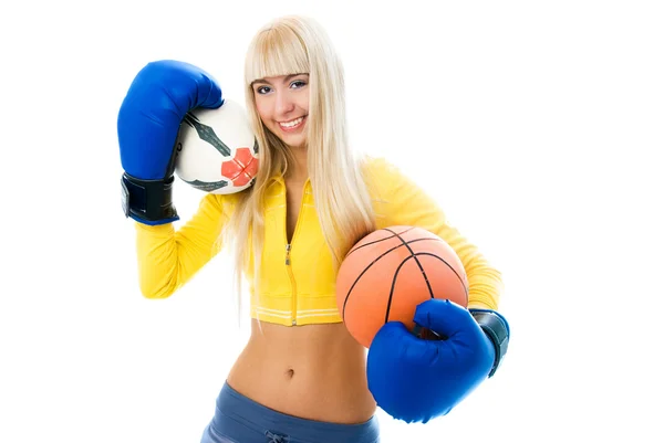 Beautiful woman wearing boxing gloves with two b — Stock Photo, Image