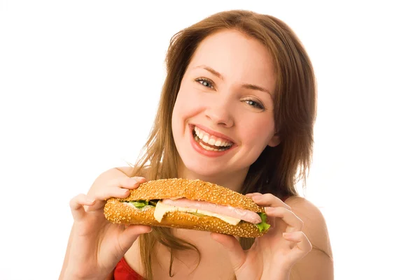 幸せな若い女性、ホットドッグ — ストック写真