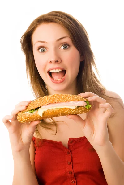 Έκπληκτος κορίτσι με ένα hot-dog — Φωτογραφία Αρχείου