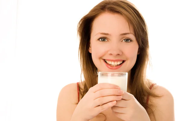 Happy girl with a glass of milk — Stock Photo, Image