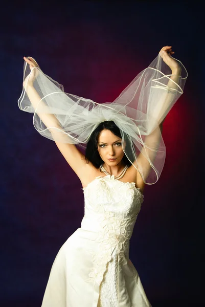 Сексуальная брюнетка-невеста держит вуаль — стоковое фото