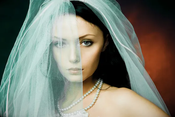 Mistério morena noiva vestindo um véu — Fotografia de Stock