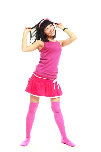 Barna lány rózsaszín ruhát visel — Stock Fotó