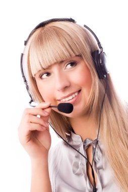 Beautiful woman wearing earphones with a microph clipart