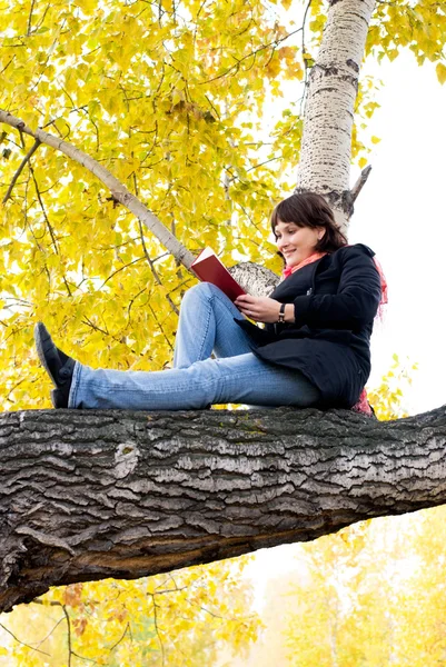 Meisje, zittend op de boom en lezen van een boek — Stockfoto