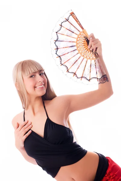 Mooie danseres met een ventilator — Stockfoto