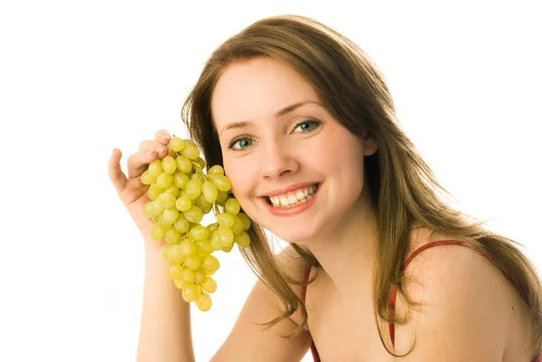 Happy woman with grapes — Stock Photo, Image