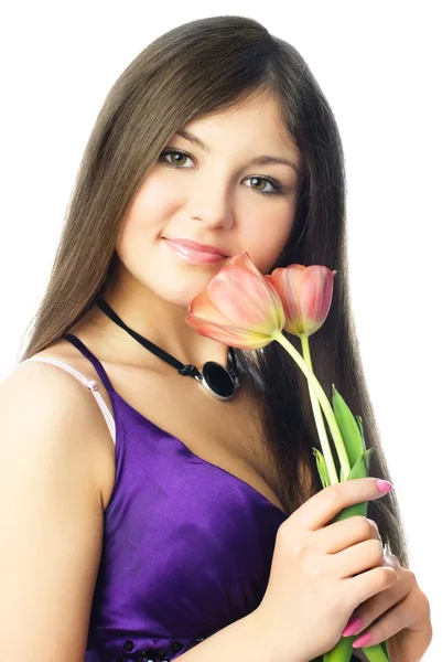 Pretty woman with tulips — Stock Photo, Image