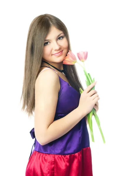 Ładna dziewczyna z tulipany — Zdjęcie stockowe