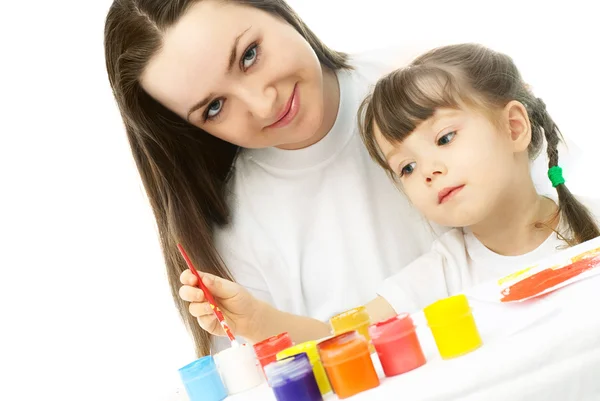 母亲和女儿绘画与水彩 — 图库照片