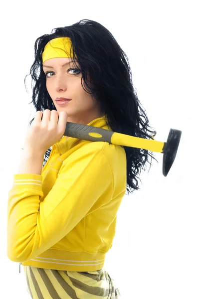 Brunette woman with a hammer — Stock Photo, Image