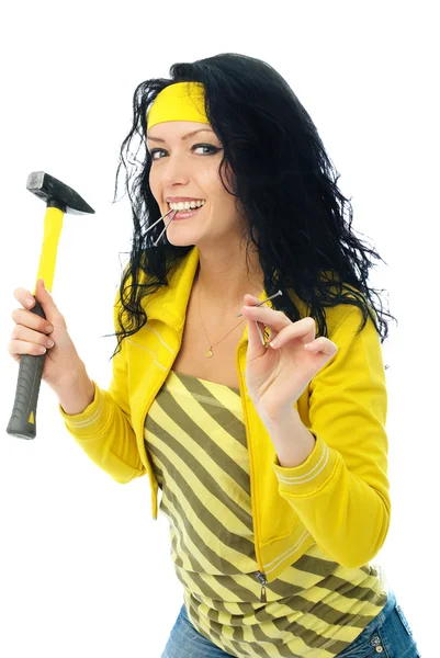 stock image Beautiful woman with a hammer