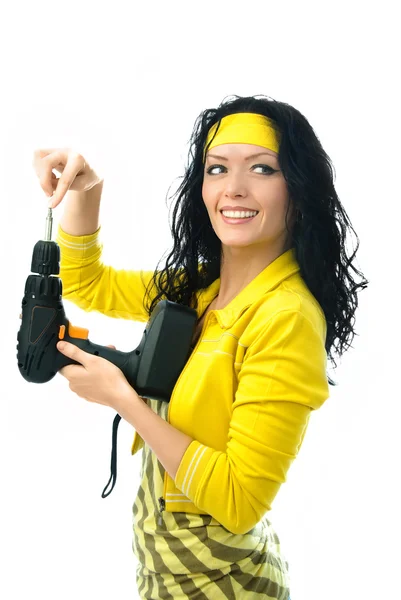 Cheerful woman with a drill — Stock Photo, Image