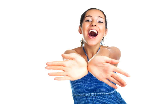 Happy girl stretching hands to us — Stock Photo, Image