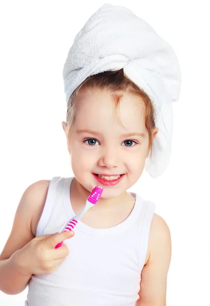 Kız dişlerini fırçalıyor. — Stok fotoğraf