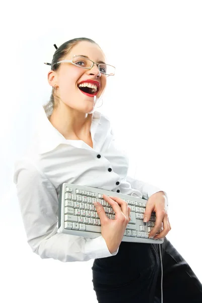 用键盘的快乐女商人 — 图库照片