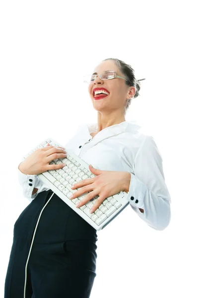 Бизнесвумен с клавиатурой веселится — стоковое фото