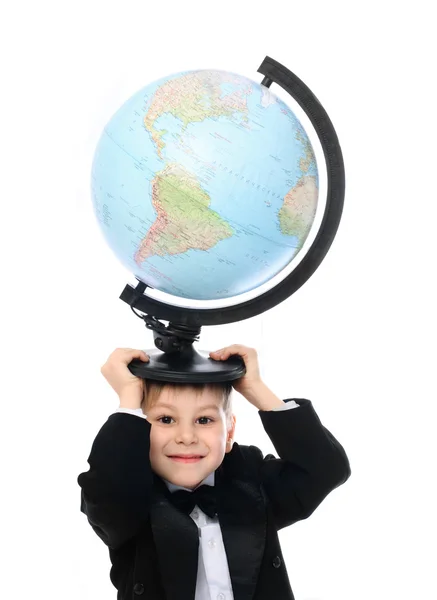 Schoolboy with a globe — Stock Photo, Image